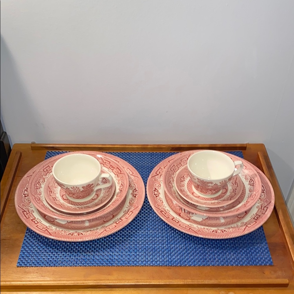 2 place settings of Churchill Rosa Pink Willowware, like new!